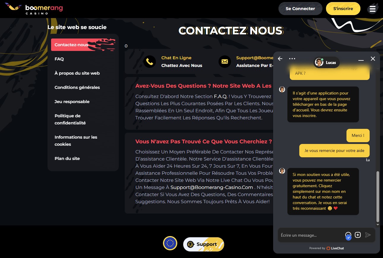 Contacter le support client Boomerang Casino